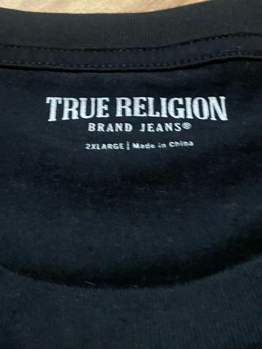 True Religion Black T-Shirt Red Block Letter Buddha Guitar Graphic Tee